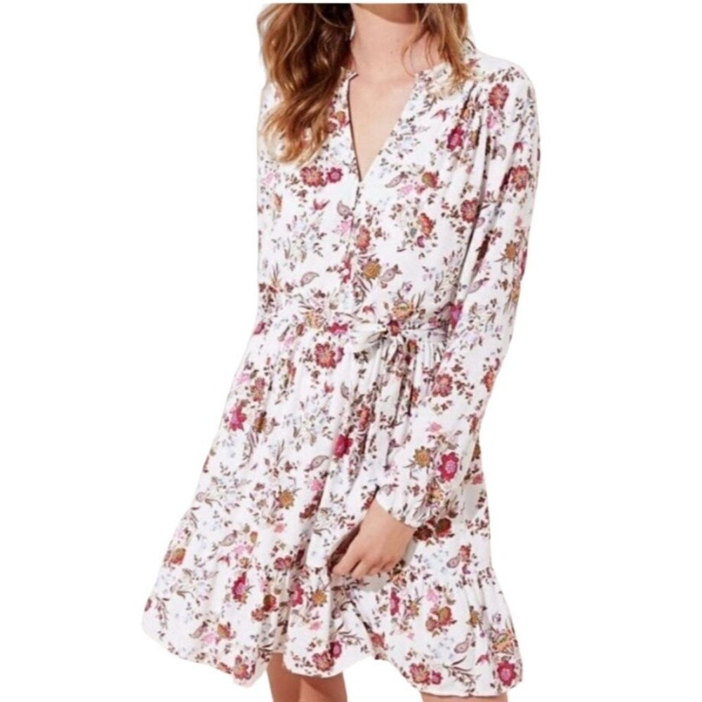 LOFT Womens Lined Whisper White Ruffle Hem V-Neck Dress XS Petite